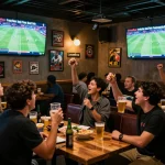Socolive trực tiếp bóng đá streaming live matches as sports fans cheer in a lively bar setting