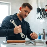 Plumber near me fixing pipes in a modern bathroom with natural light.