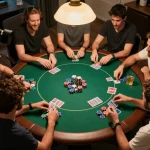 Engaged friends playing poker at home, showcasing sunwintop gaming excitement with chips and cards.