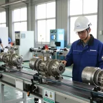 Chemical pump manufacturing process in an industrial facility with engineers and advanced machinery.