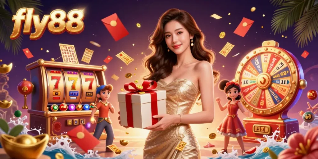 Experience thrilling moments with fly88 as golden coins spill from a festive gift box.