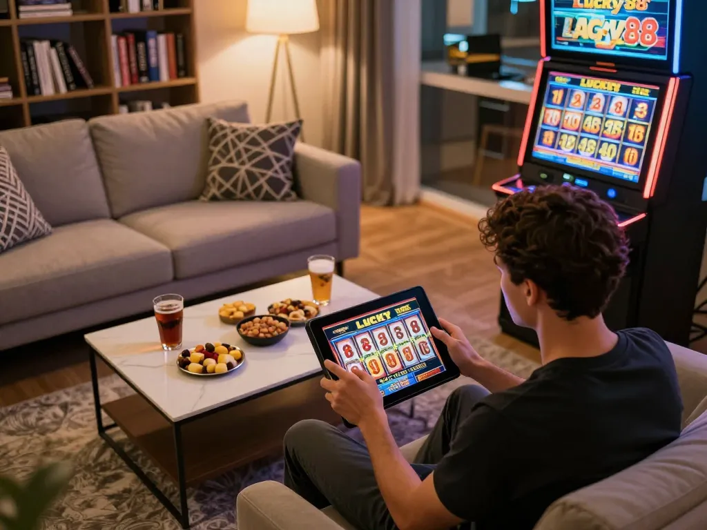 Player enjoying Lucky88 slot spins on tablet in cozy home setup with gaming notes