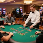 Players engaging in blackjack at DA88 casino table with vibrant atmosphere.