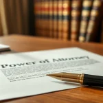 Signing a Power of Attorney document on a desk with legal books in the background.