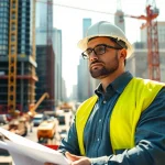 New York City Construction Manager supervising a busy construction project with cranes in the background.