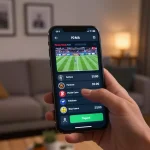 Betting on five88 sports events through a smartphone in a cozy living room setting