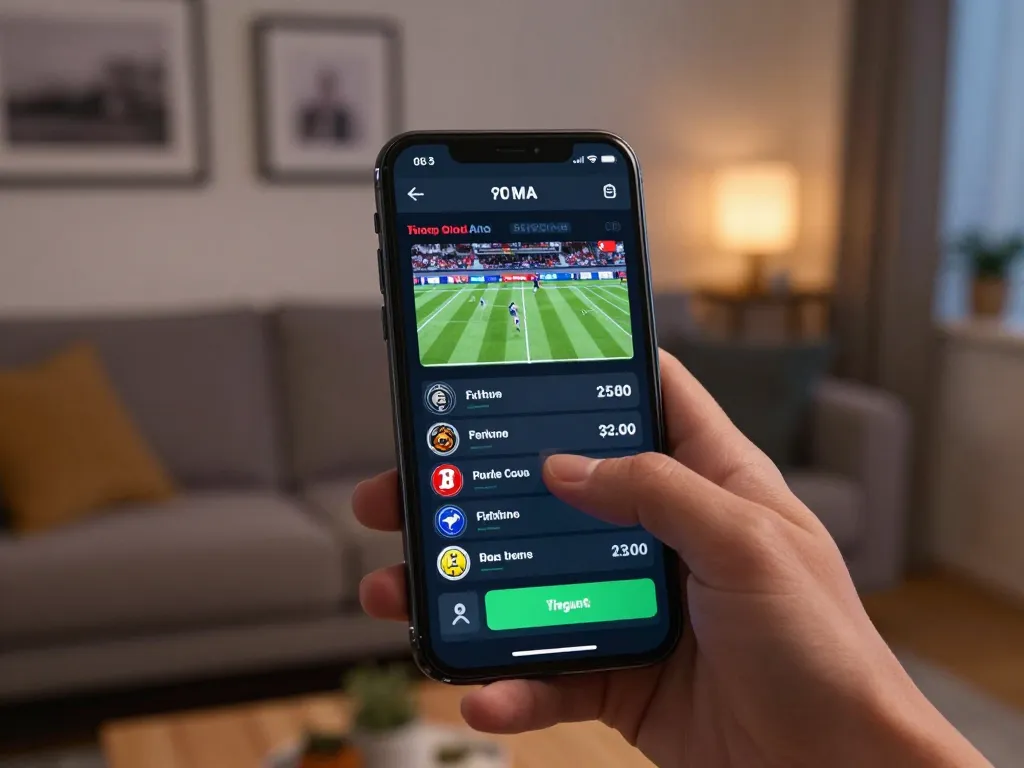Betting on five88 sports events through a smartphone in a cozy living room setting
