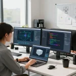 Team of engineers collaborating on a CAD design project using text to cad technology in a modern office.