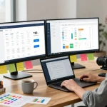 SP Webconsulting freelancer developing e-commerce solutions in a modern office, showcasing Shopware tools and workspace.
