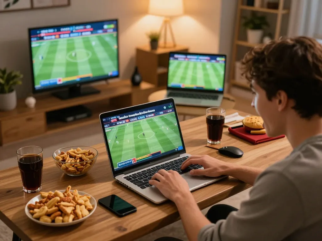 Socolive trực tiếp bóng đá viewing setup for sports betting with multiple screens and snacks