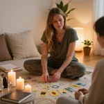 Why do I attract emotionally unavailable partners? Akashic Records session in a cozy, intimate setting with a healer guiding a client.
