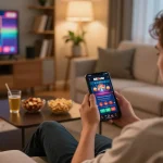 Person enjoying mobile gaming at home with 88xeng app displayed on screen, illustrating casual online gambling.
