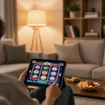 88VIN player enjoying slot games on tablet in a cozy home setup, showcasing responsible gambling.