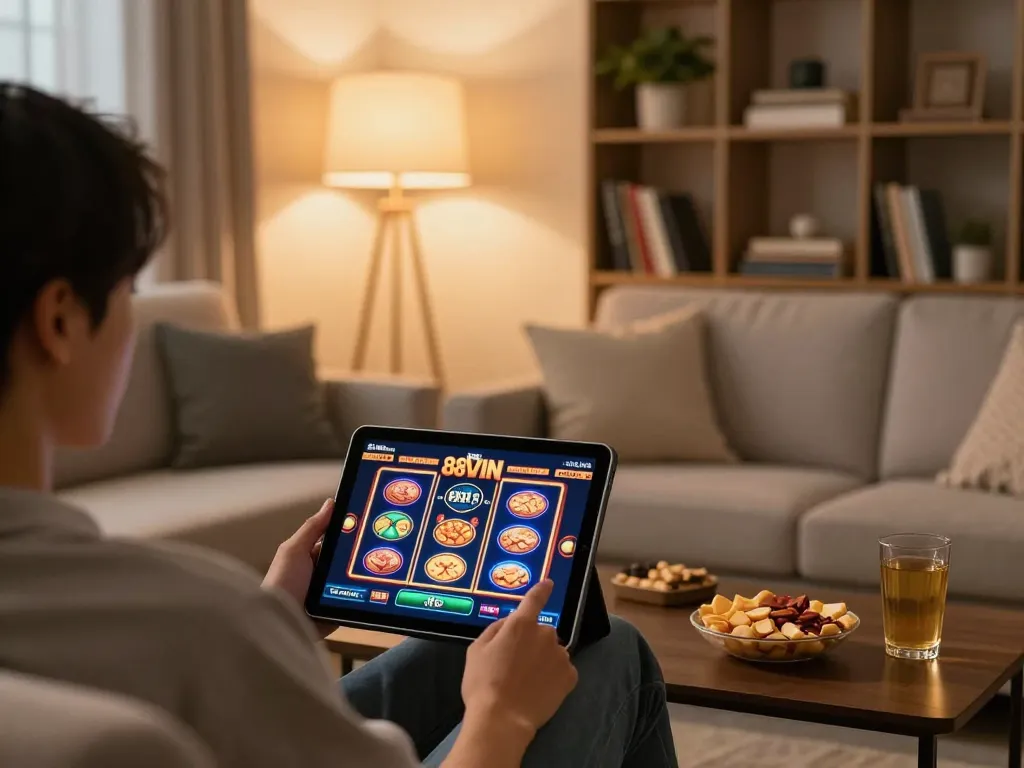 88VIN player enjoying slot games on tablet in a cozy home setup, showcasing responsible gambling.