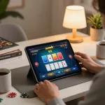 Engaging player enjoying sunwin poker on tablet in cozy home environment, showcasing strategic gameplay.