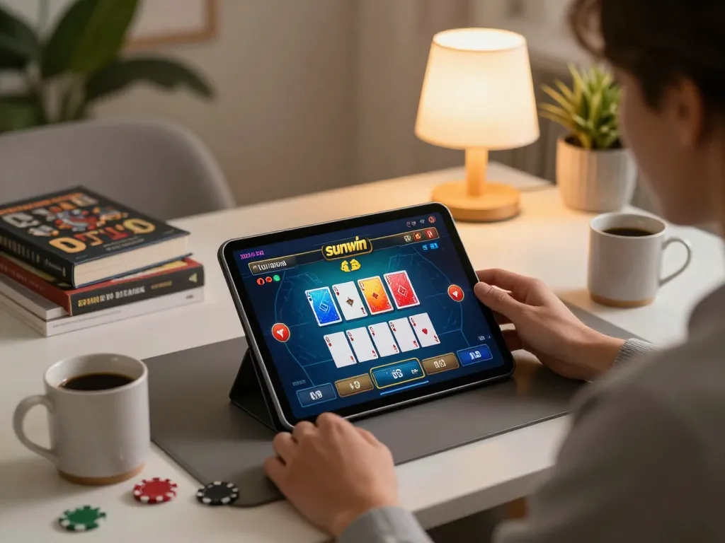 Engaging player enjoying sunwin poker on tablet in cozy home environment, showcasing strategic gameplay.