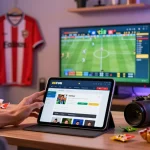 Engaging sports betting experience with OKFUN platform displayed on tablet amidst a vibrant atmosphere.