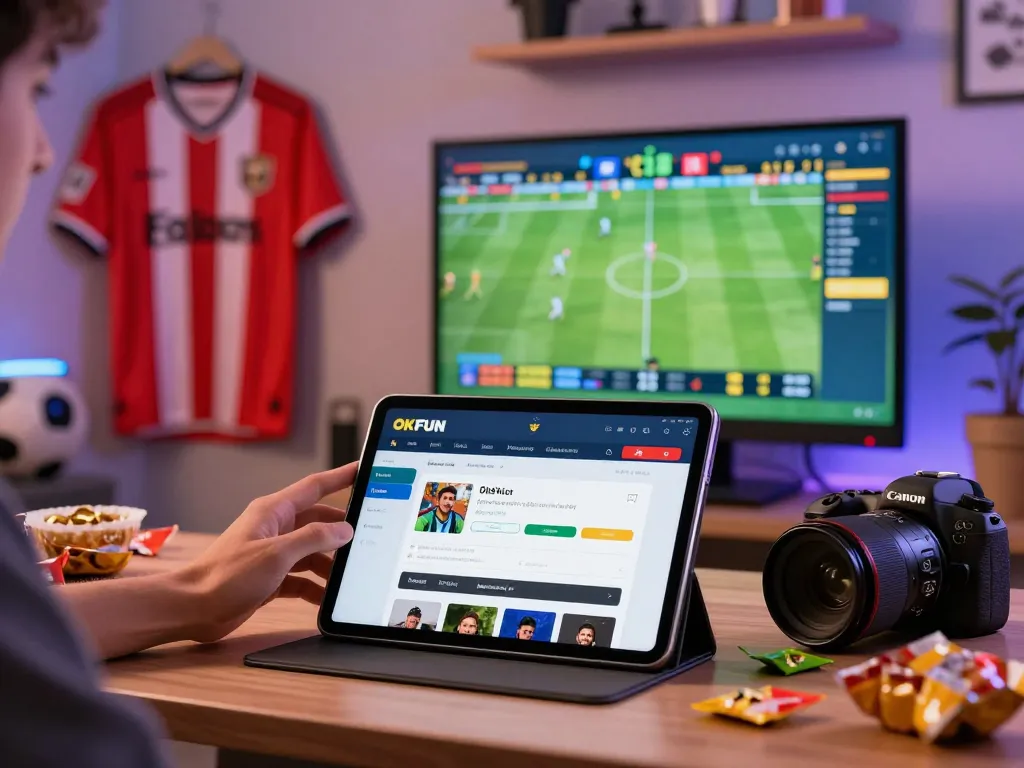 Engaging sports betting experience with OKFUN platform displayed on tablet amidst a vibrant atmosphere.
