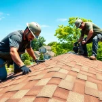 Roofing team installing shingles in South Jersey, highlighting expert craftsmanship and neighborhood setting.