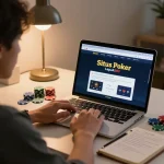 Situs Poker Lapak303 online gaming setup with a player focused on poker strategy during a session.
