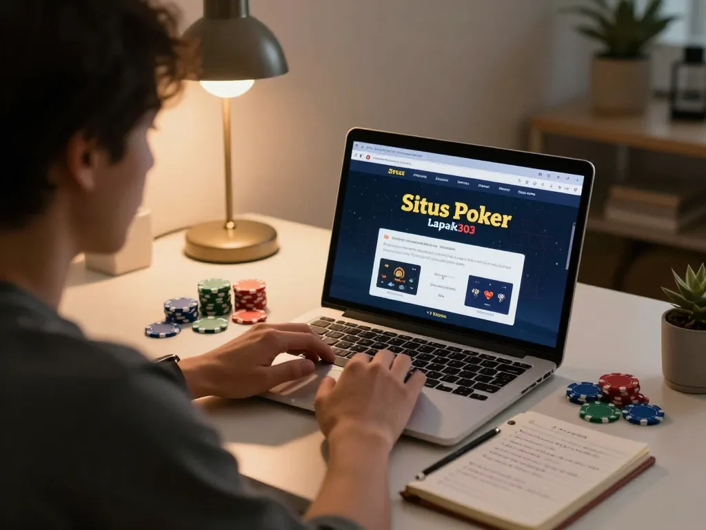 Situs Poker Lapak303 online gaming setup with a player focused on poker strategy during a session.