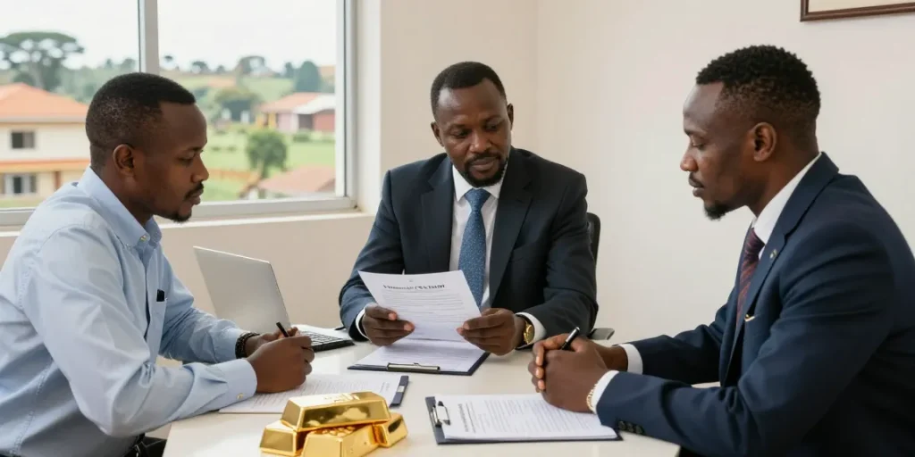 Licensed gold dealers Uganda engaging with clients over gold purity verification in a professional setting.