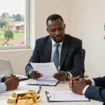 Licensed gold dealers Uganda engaging with clients over gold purity verification in a professional setting.