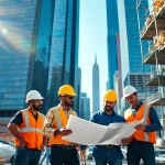 New York City Commercial General Contractor overseeing a construction project with a diverse team.