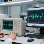 Engineer using a 4 Channel Digital Oscilloscope for advanced waveform analysis in a modern lab.