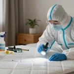 Bed bug exterminator Milwaukee inspecting a mattress discreetly in a cozy bedroom.