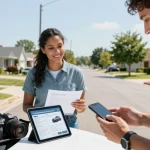 Check vehicle details with a reg check UK at a suburban car buying scene.