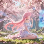 An ethereal female character in a vibrant cherry blossom forest, showcasing the concept of ai ecchi within digital art.