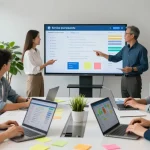Diverse team collaborating in a modern office on a service marketplace + CRM platform, showcasing technology and teamwork.