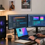 Refurbished PC and laptop workspace showcasing tech professional solving software issues