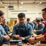 Students learning practical skills at a vibrant trade school workshop with modern tools.