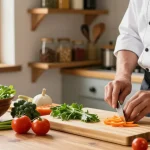 Chef chopping vegetables on a bamboo cutting board in a rustic kitchen.
