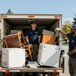 Target Junk Removal Vancouver team loading furniture into truck in friendly neighborhood.