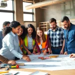 Students collaborate in a bright classroom setting focused on construction education.