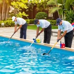 Dolphin Pool Services team providing maintenance for a residential pool, showcasing professionalism and care.