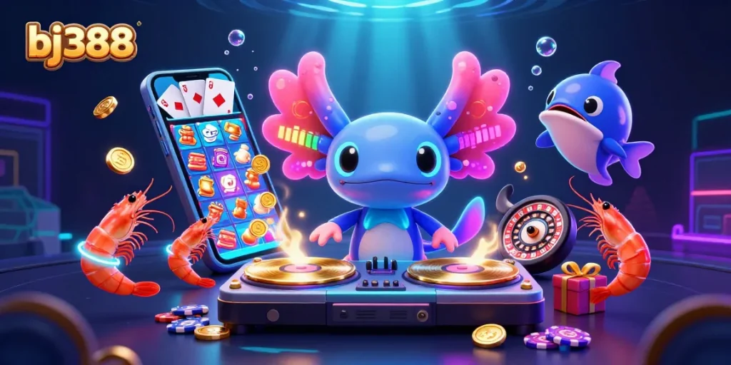 Experience dynamic gameplay with bj388's vibrant casino scene, showcasing colorful slot games and lively characters.