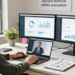 Engaged business owner automating social media processes in a vibrant digital marketing office