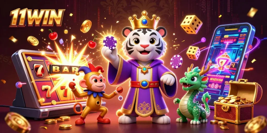 Experience thrilling gameplay with 11WIN, featuring a luxurious casino scene overflowing with excitement and rewards.