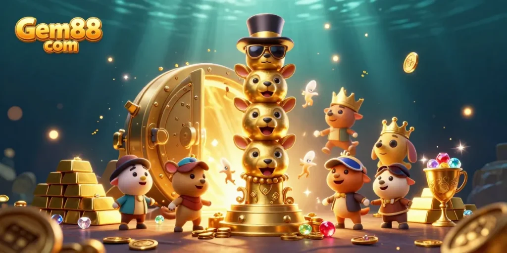 Experience Gem88 com's vibrant gaming world filled with golden treasures and animated casino characters.