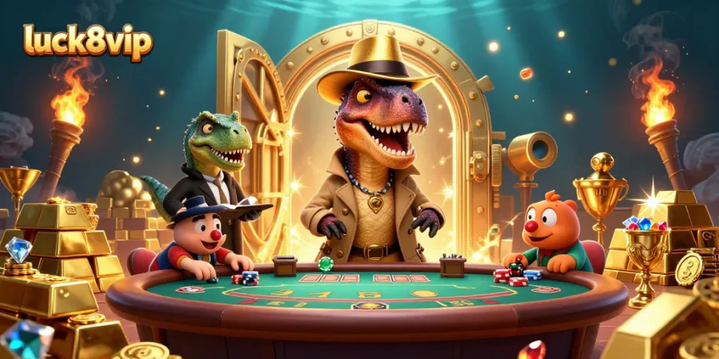 Engage with luck8vip at a vibrant blackjack showdown featuring a velociraptor dealer and cartoon characters.