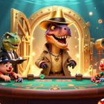 Engage with luck8vip at a vibrant blackjack showdown featuring a velociraptor dealer and cartoon characters.