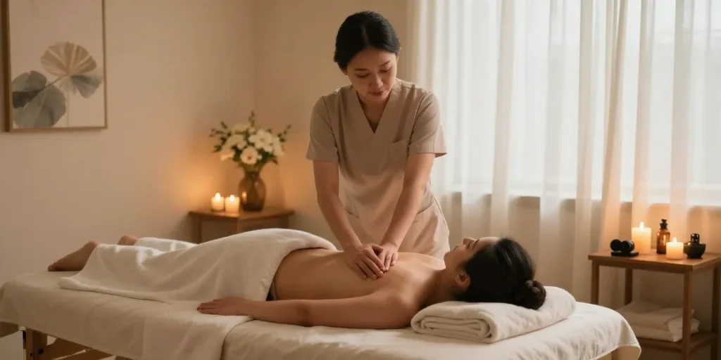 Peaceful 파주출장마사지 scene with therapist providing rejuvenating body treatment in tranquil studio.