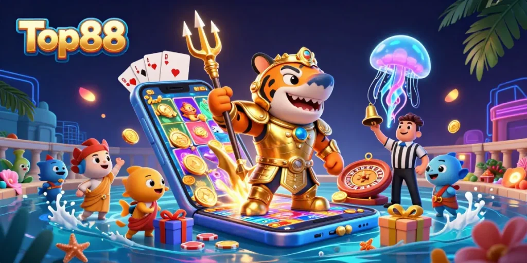 Experience thrilling gameplay at Top88 with a dynamic underwater colosseum featuring a fierce shark and vibrant casino elements.