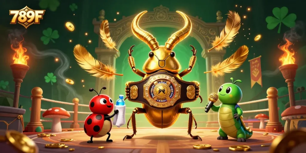 Engage with 789F at an exciting boxing match featuring a giant beetle champion and fiery casino elements.