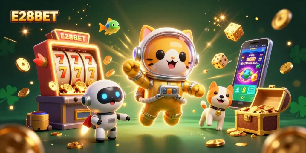 E28BET: Win big in an immersive and dynamic casino experience featuring floating characters and games.