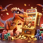 as9 themed illustration with dinosaurs and a slot machine amidst flying coins in an energetic casino scene